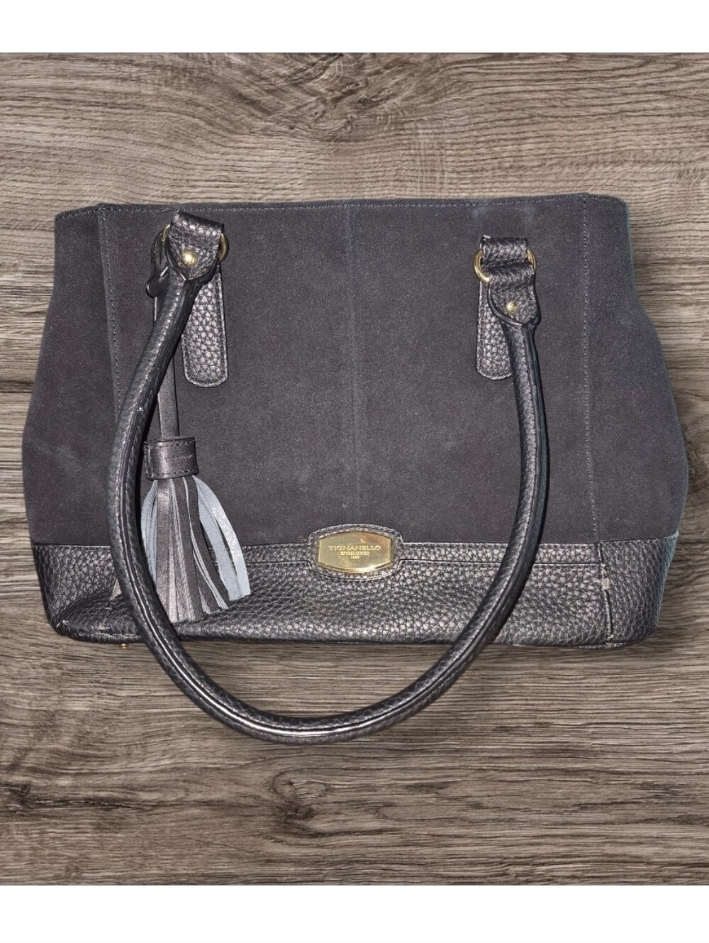 Tignanello Black Suede and Pebbled Leather Trim Shoulder Bag with Tassel